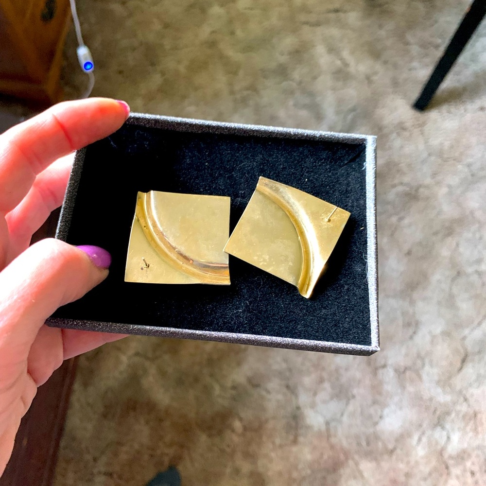 Vintage 80’s Earrings Blue and Gold Wavy Squares - Picture 3 of 3